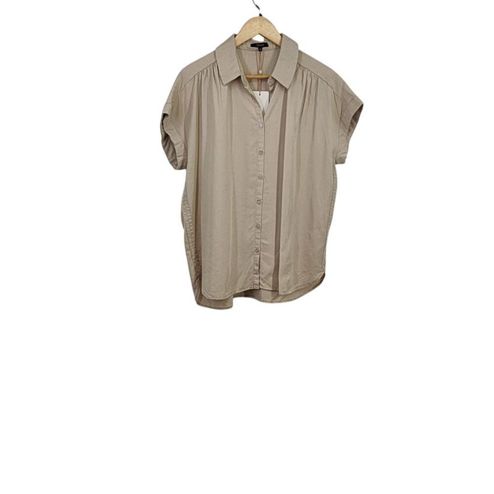 Quince Women Vintage Wash Tencel Camp Shirt Tan Sleeved Top Medium